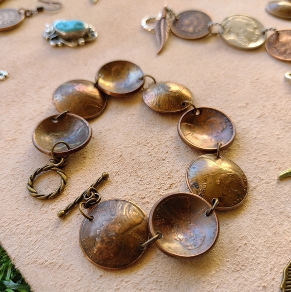 HANDMADE Unique Domed Copper Wheat Penny Toggle Bracelet Bangle - Picture 4 of 10